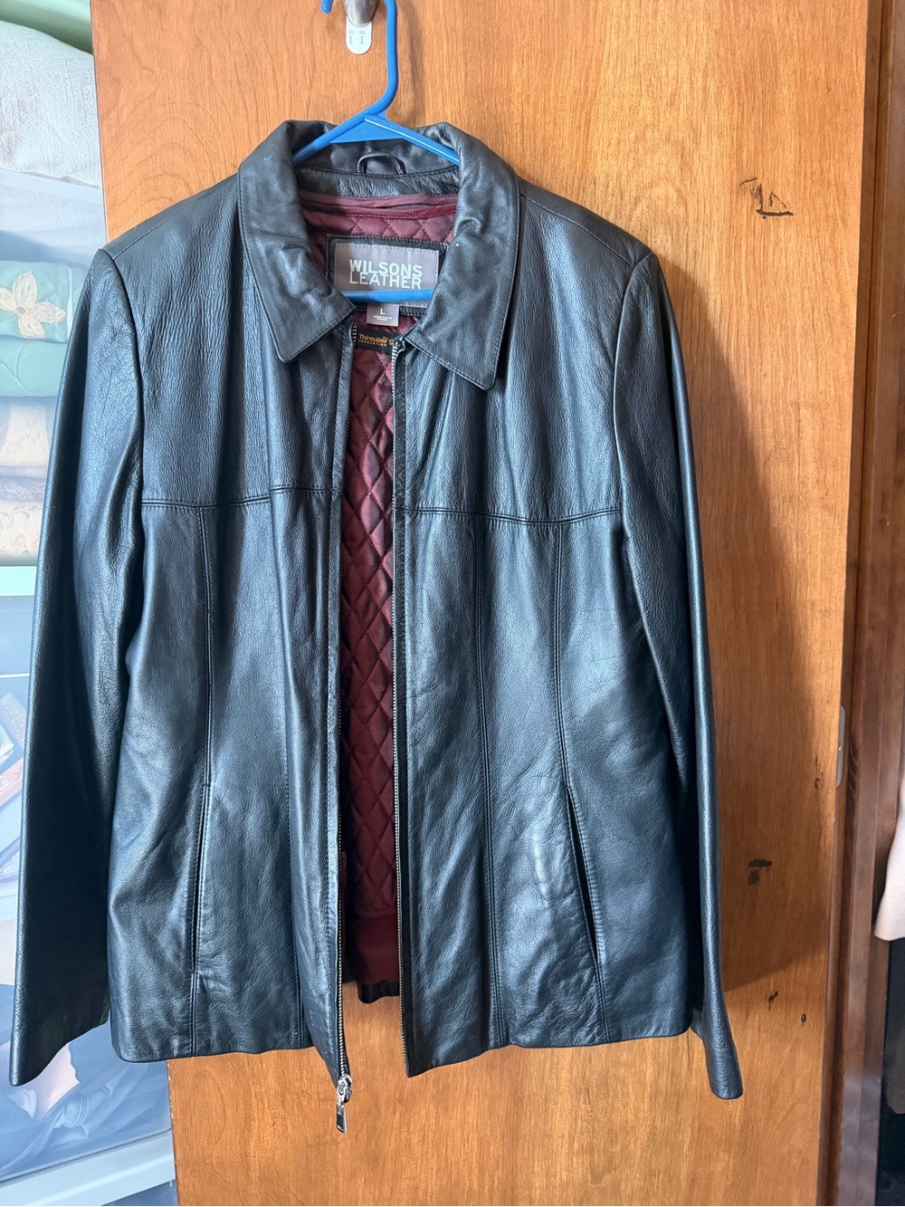Wilsons Leather Black Leather Bomber Jacket with Burgundy Lining